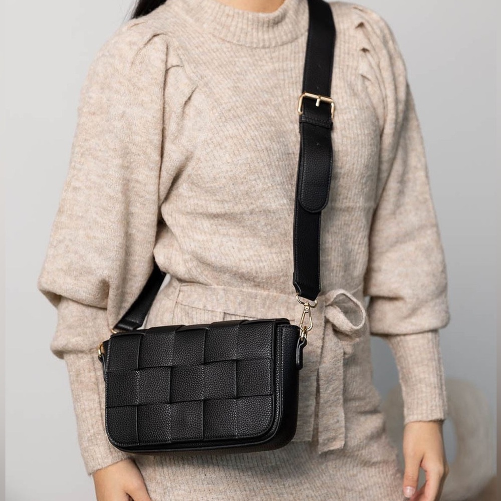 ICHI woven faux leather bag in brown/black